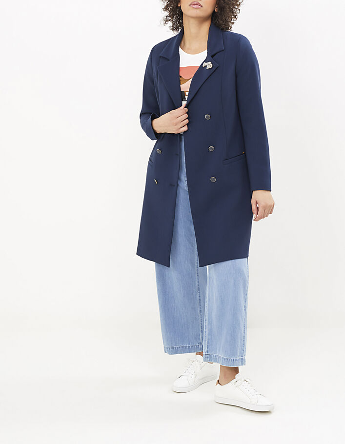 I.Code navy double-breasted coat with brooch - I.CODE