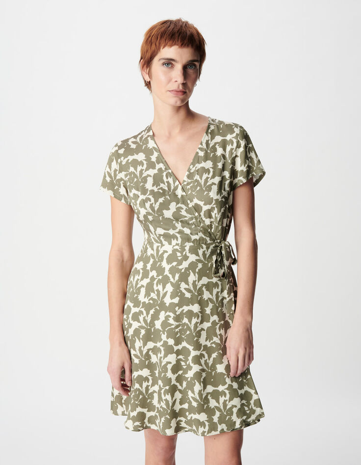 Khakifarbenes Sommerkleid im Wickel forme mit Pflanzenmuster f&uuml;r Damen-3