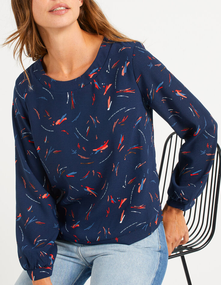 Blouse navy à imprimé crayonné arty I.Code-1 Blouse navy à imprimé crayonné arty I.Code-1