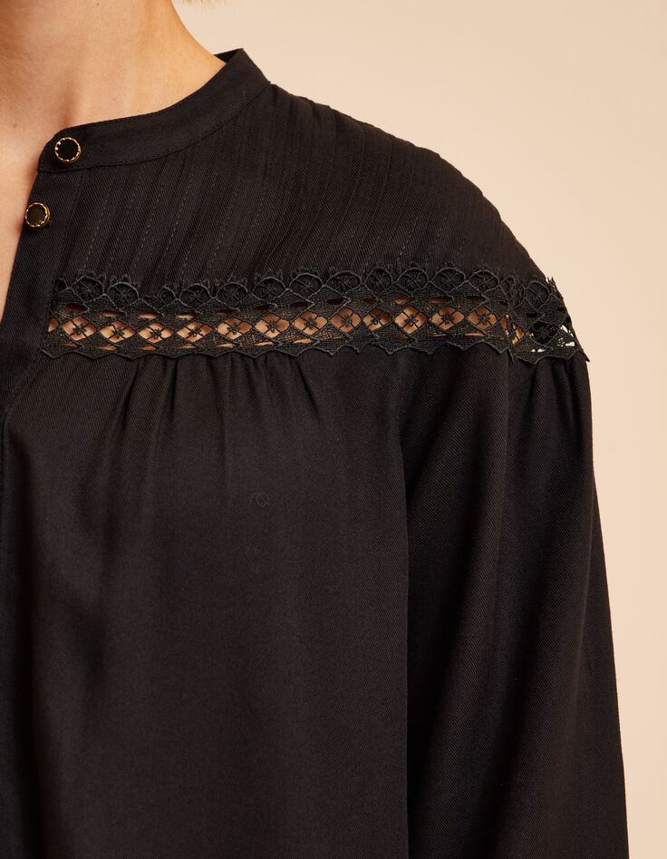 I.Code black blouse with stitched pleats and lace bands-5