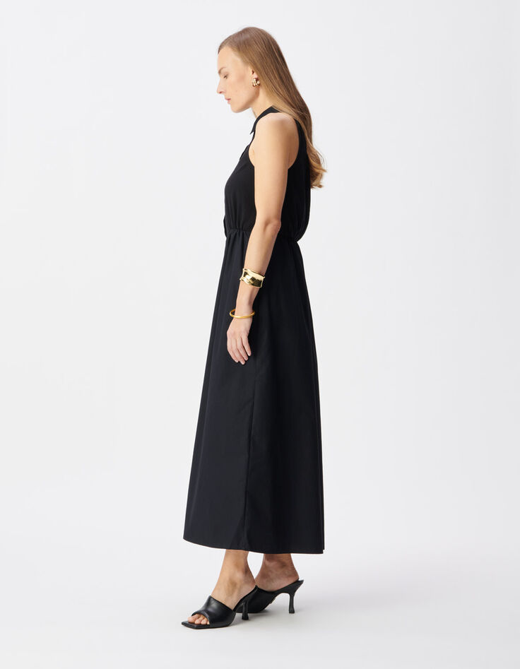 Zwarte maxi-jurk van bi-materiaal met knoopsluiting Dames-3