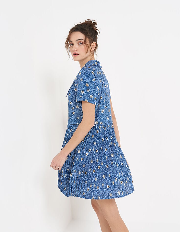 Robe chemise bleue plissée imprimé fleurs et pois I.Code-2