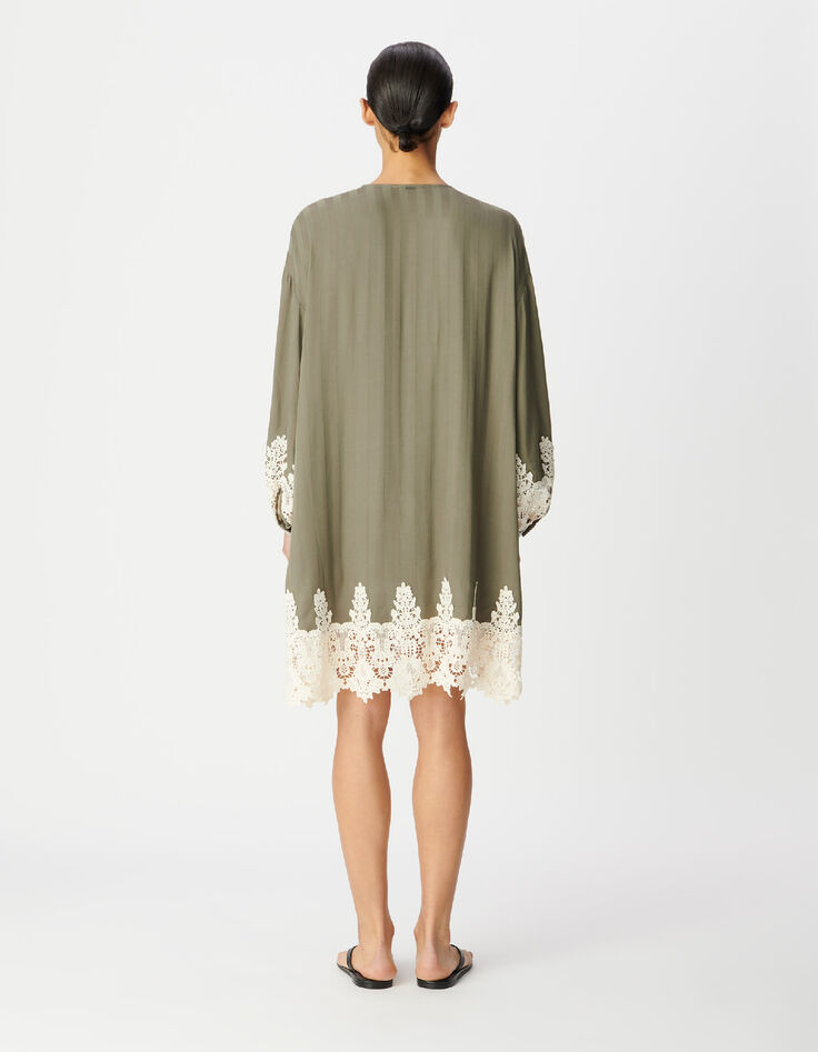 Locker geschnittenes khakifarbenes gestreiftes Kleid mit Spitzenbesatz Damen-4
