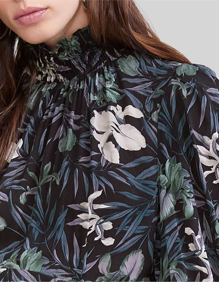 Schwarzes Midi-Damenkleid mit Orchideenprint-3