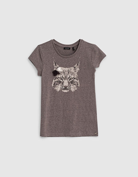 T-shirt gris de lin visuel lynx et fleurs 3D fille