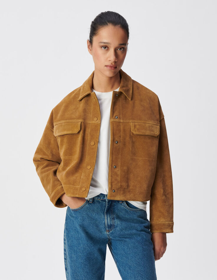 Veste courte oversize camel cuir velours Femme-2