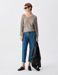 Schicker beigefarbener durchbrochener Pullover mit Paillettenbesatz f&uuml;r Damen-1