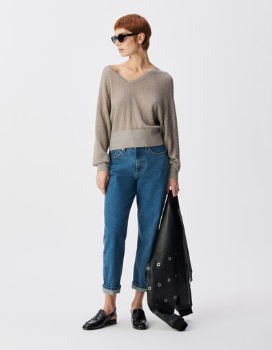 Schicker beigefarbener durchbrochener Pullover mit Paillettenbesatz f&uuml;r Damen - IKKS