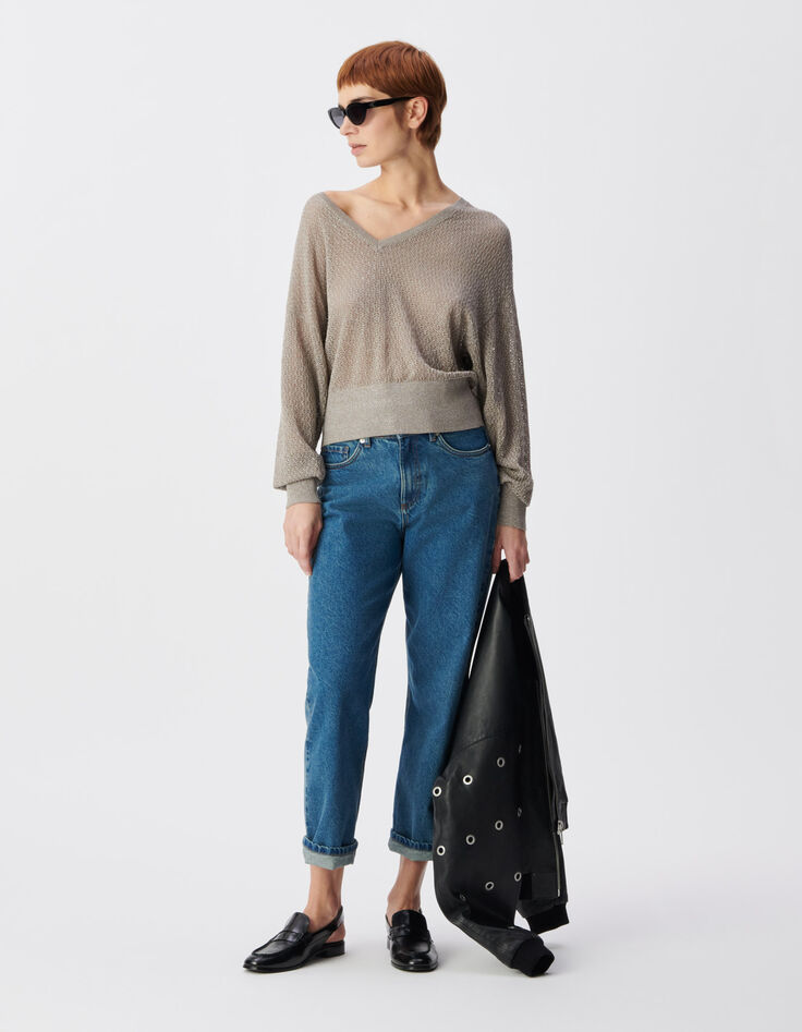 Schicker beigefarbener durchbrochener Pullover mit Paillettenbesatz f&uuml;r Damen-1
