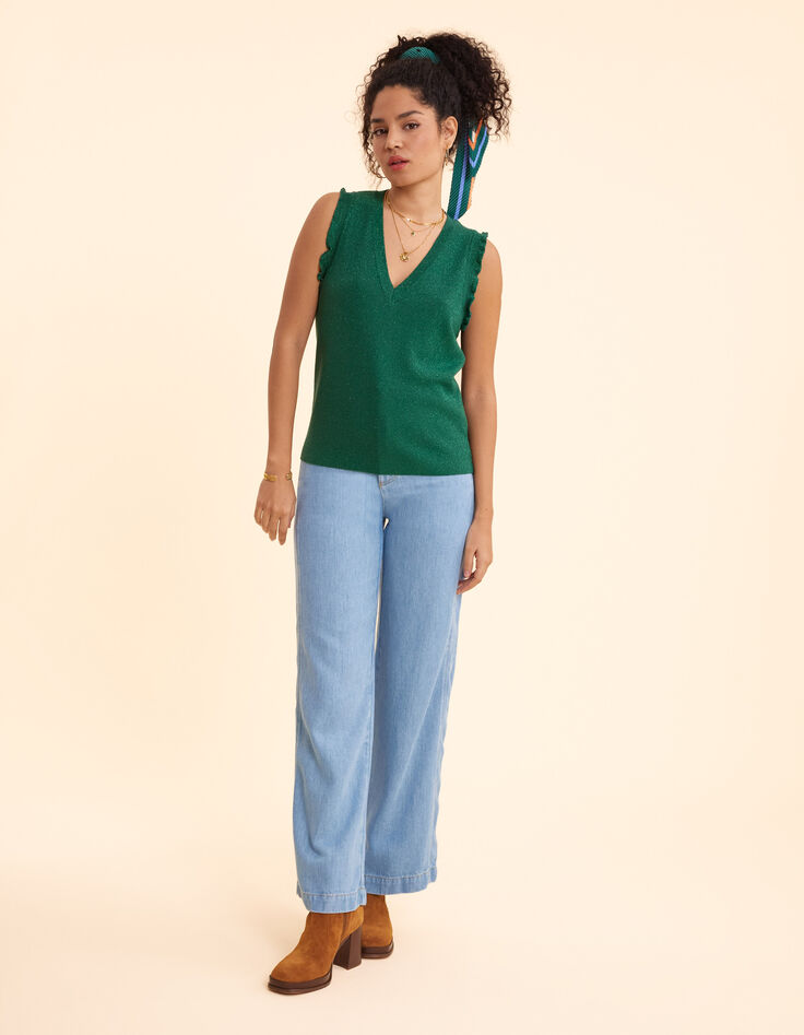 I.Code green lurex knit sleeveless sweater with ruffles-3