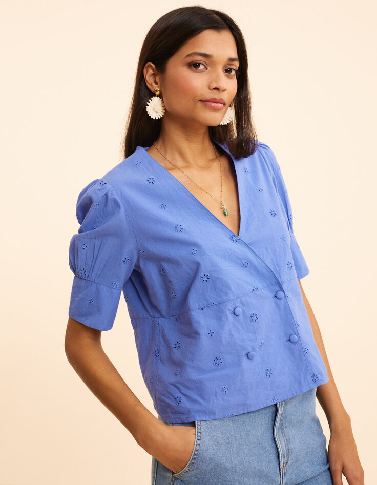 Blue top embroidery anglaise double-breasted buttoning I.Code-1
