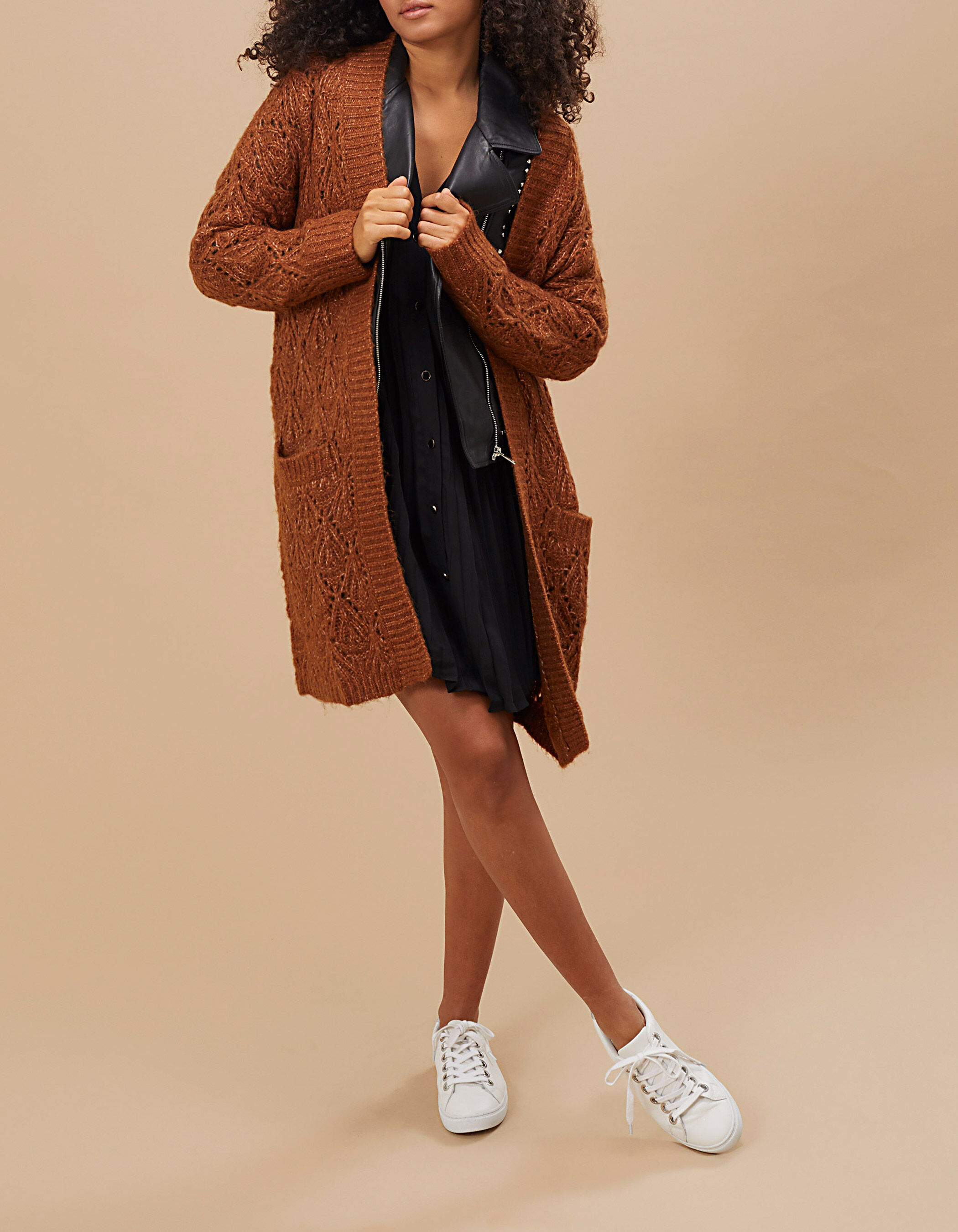 I.Code caramel knit long cardigan