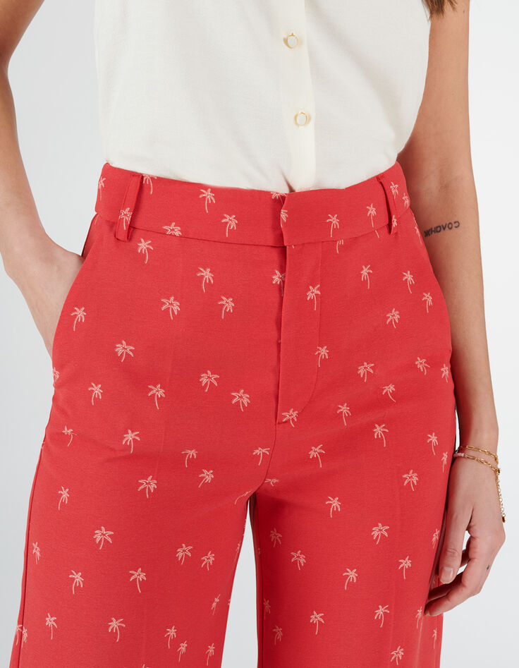 I.Code pink tea rose wide-leg trousers with palm trees-4