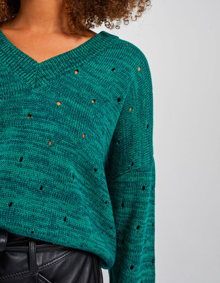 Pull vert tricot chiné ajouré I.Code - I.CODE