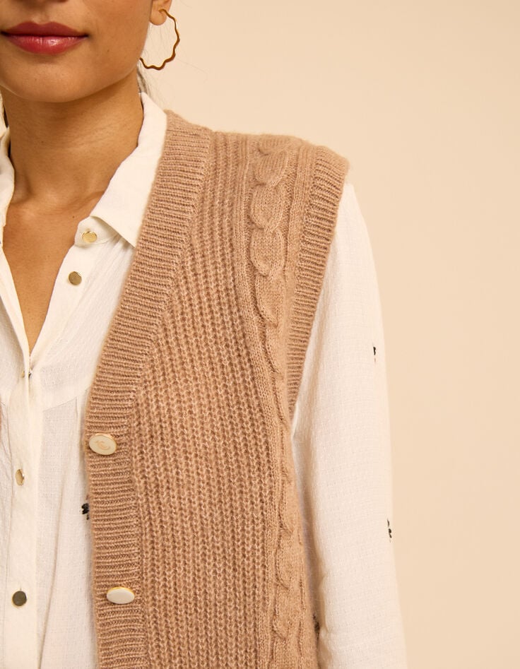 Ecru mouwloos vest details kabelbreiwerk I.Code-5 Ecru mouwloos vest details kabelbreiwerk I.Code-5