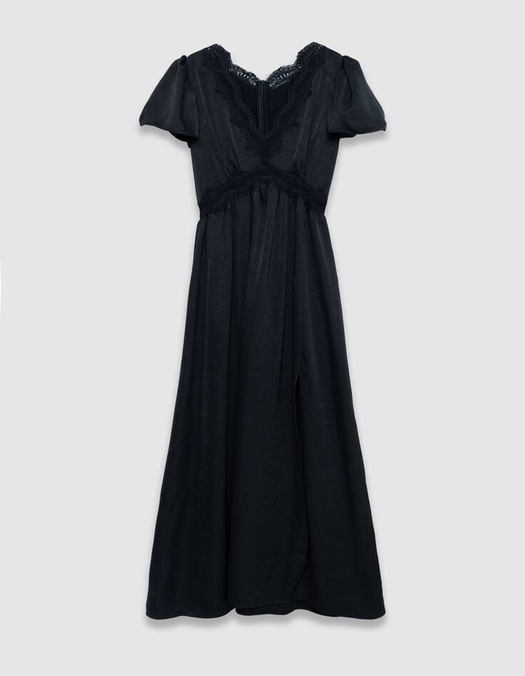 Schwarzes Maxikleid f&uuml;r Damen aus Satin mit Details aus geknitterter Spitze-6