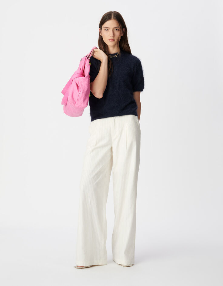 Wei&szlig;e Damen Hose mit weitem Bein im Nadelstreifenmuster-1