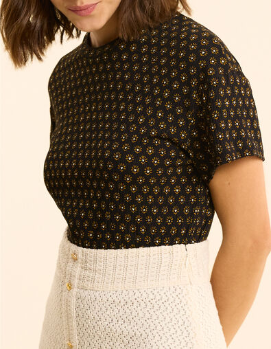 T-shirt noir imprim&eacute; floral coeur I.Code
