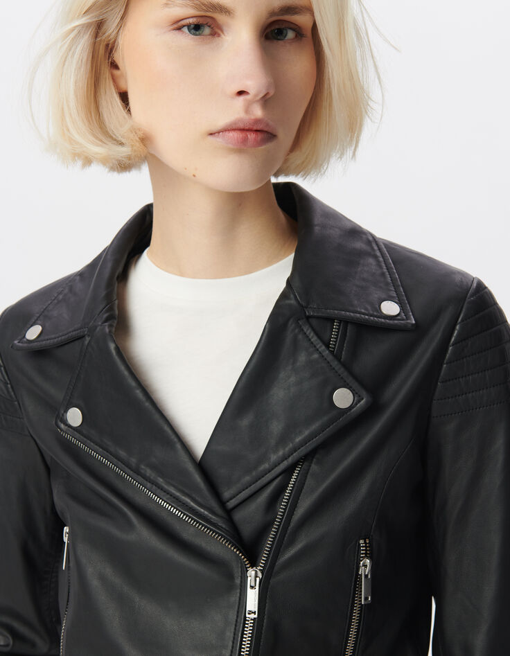 Blouson court noir cuir &eacute;paules matelass&eacute;es Femme-6