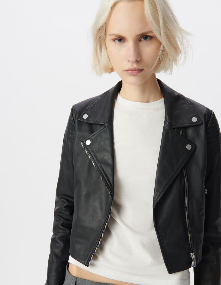 Blouson court noir cuir &eacute;paules matelass&eacute;es Femme-4
