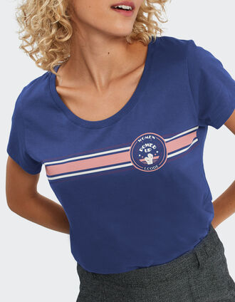 Saphirblaues T-Shirt mit Schriftzug und Streifen I.Code 