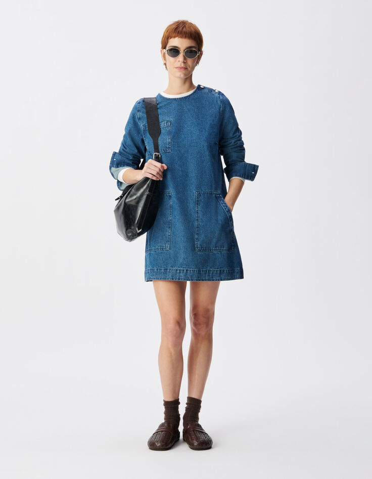 Blaues Kleid aus Denim f&uuml;r Damen mit drei aufgesetzten Taschen-2