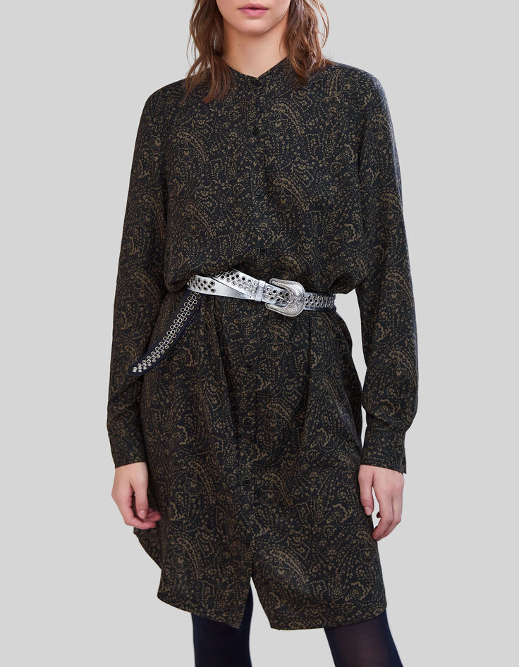 Khaki Damenkleid mit Paisley-Blumenprint-2