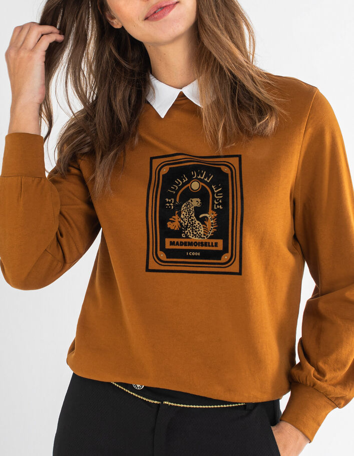 Rehbraunes Sweatshirt mit Motiv und Kragen I.Code - I.CODE