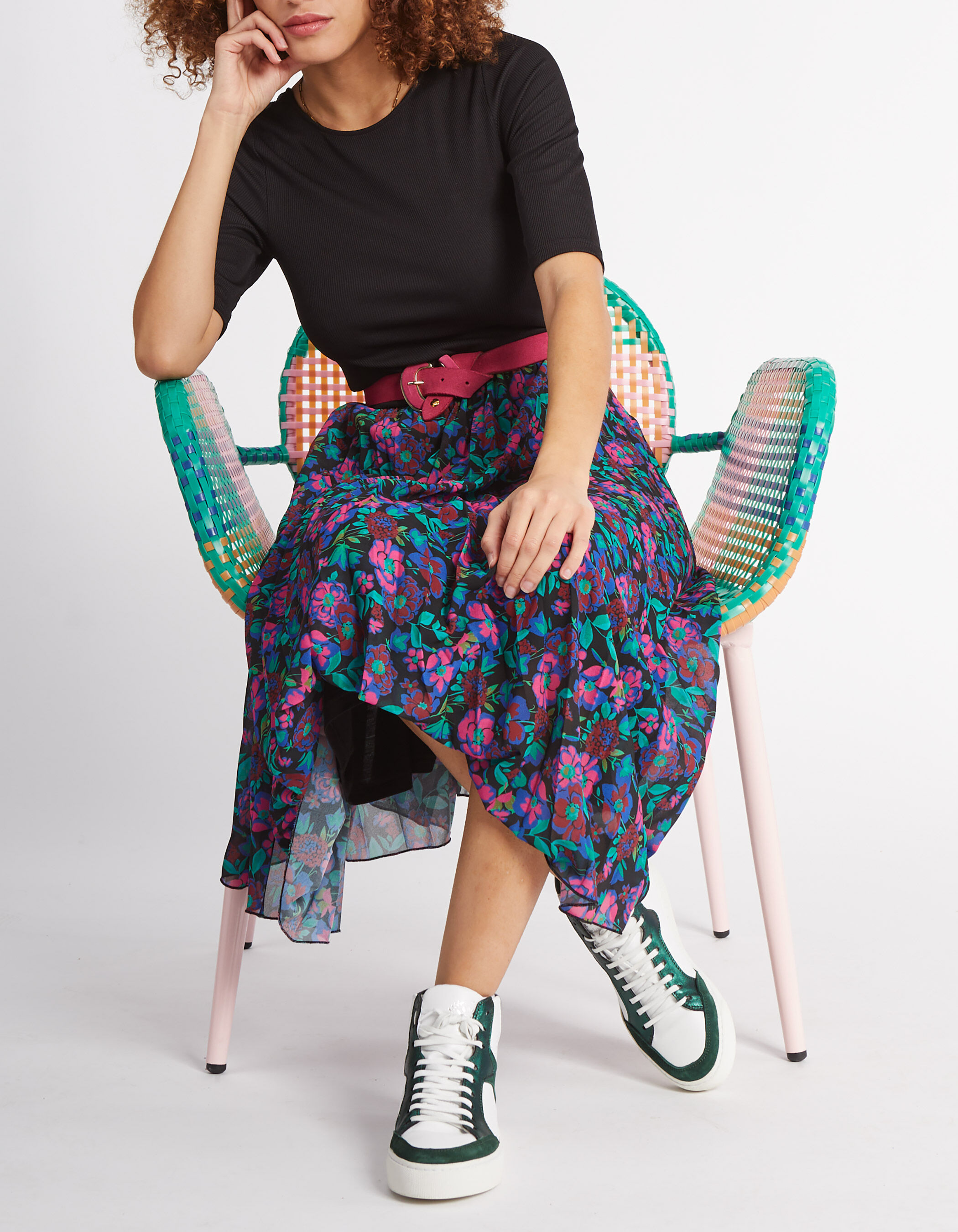 Robe longue noire plissee imprime floral color I.Code