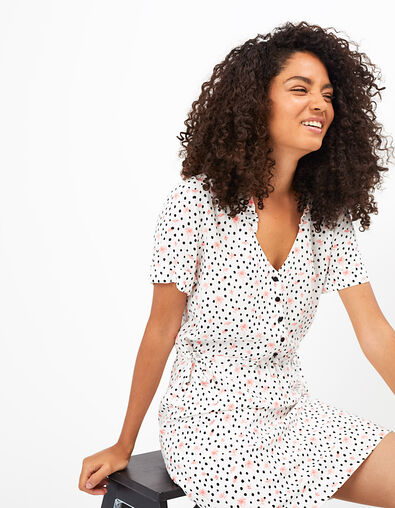 Cremeweißes Kleid, Tupfen- und Palmenprint I.Code