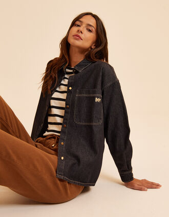 I.Code black denim shirt with embroidered monogram