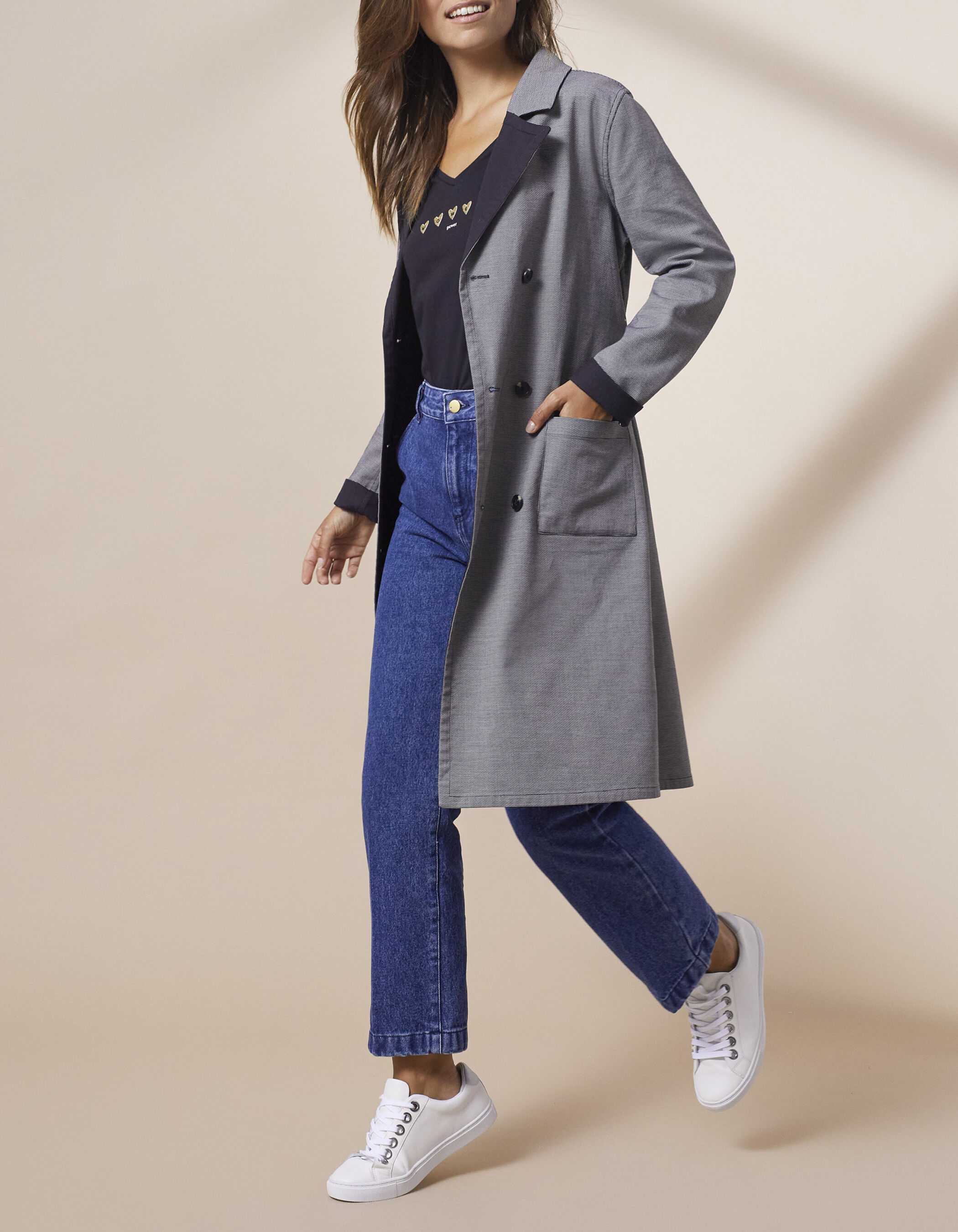 I.Code black and houndstooth reversible trench coat