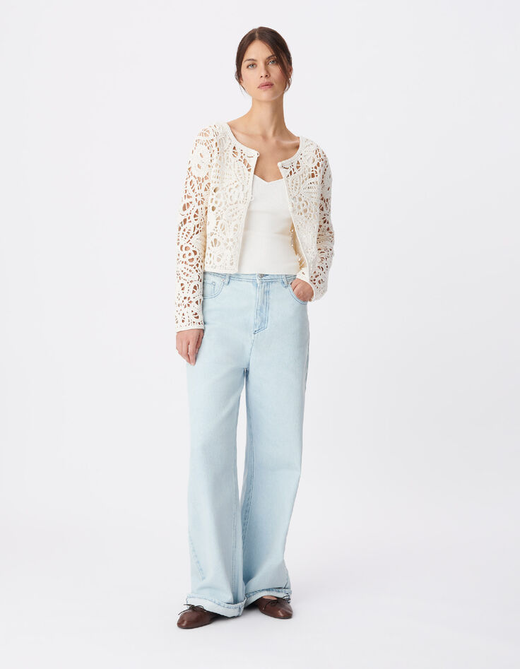 Ecru Damen STRICKJACKE mit durchbrochener H&auml;kelarbeit-1
