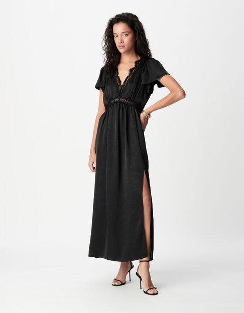 Schwarzes Maxikleid f&uuml;r Damen aus Satin mit Details aus geknitterter Spitze - IKKS