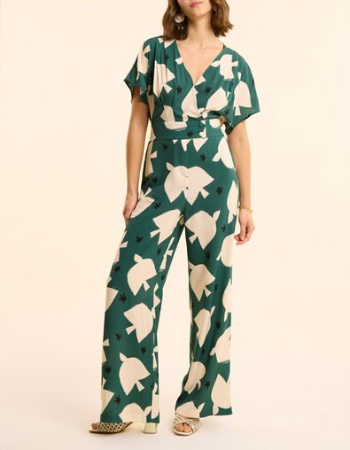 Combinaison-pantalon verte imprim&eacute; maxi oiseaux I.Code