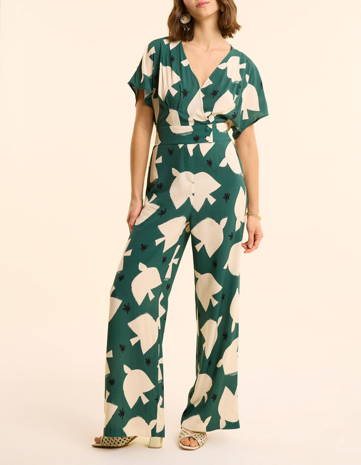 Combinaison-pantalon verte imprim&eacute; maxi oiseaux I.Code-1