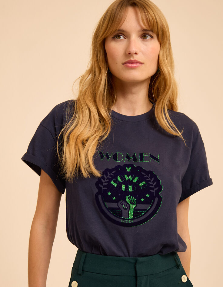 Marineblaues T-Shirt Schriftzug Samt Glitzer I.Code-3