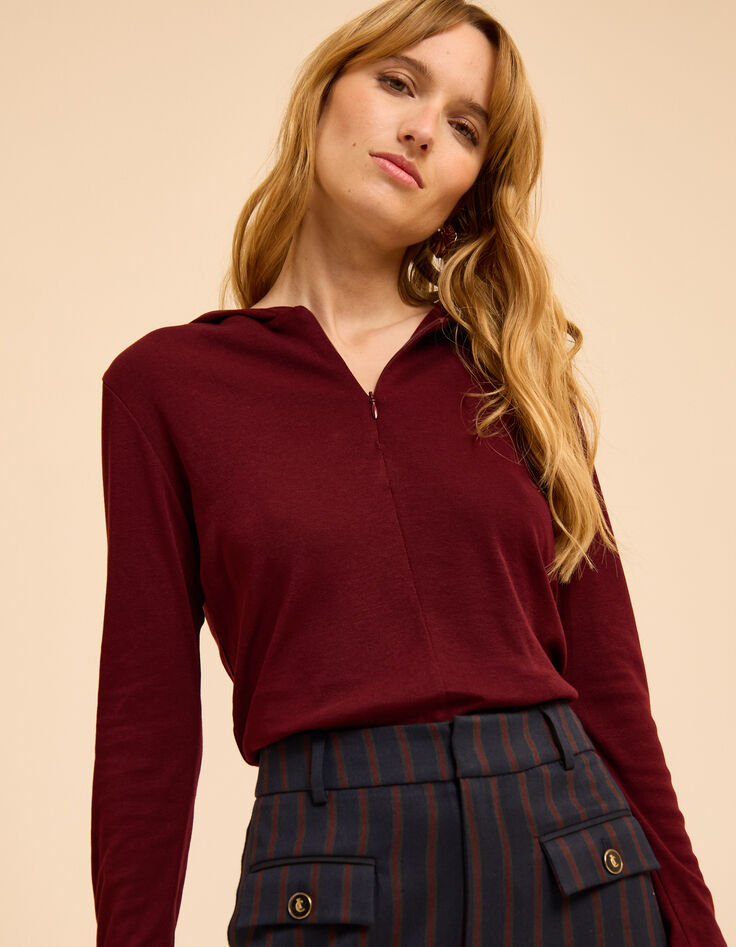 I.Code burgundy hooded T-shirt with zipped neck-1