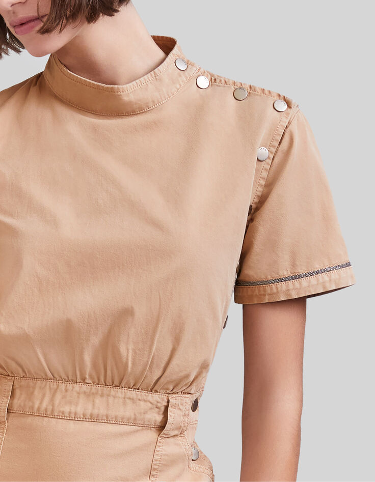Camelfarbenes Damen-Jeanskleid Druckkn&ouml;pfe Schmuckborte-4