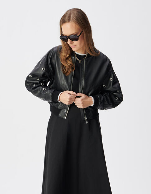 Schwarzer Lederbomber Damen maxi &Ouml;sen-Design - IKKS
