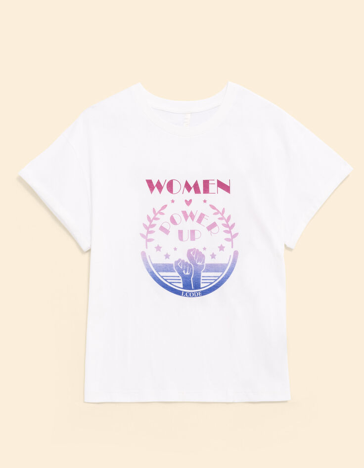 Weißes Kurzarm-T-Shirt mit Botschaft und I.Code-Fäusten-6