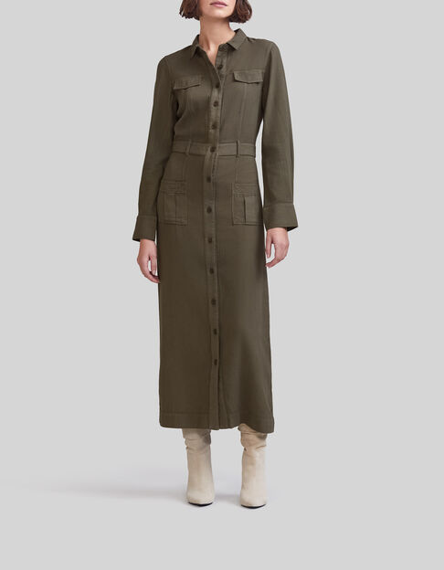 Langes algengr&uuml;nes Damen-Hemdkleid aus Bio-Baumwolle - IKKS