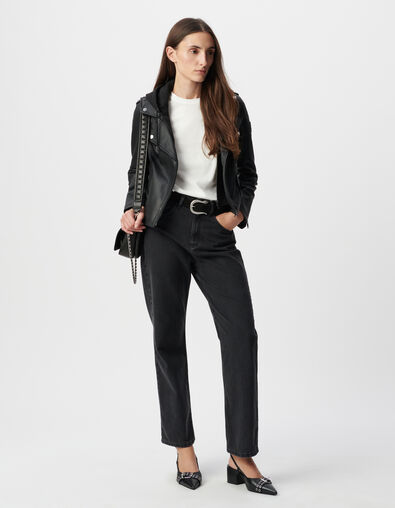 Women's black leather biker jacket with detachable hood - IKKS