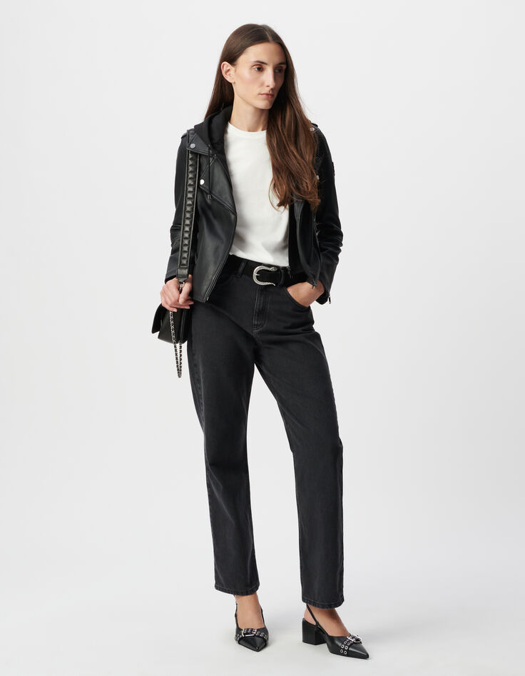 Women's black leather biker jacket with detachable hood-1