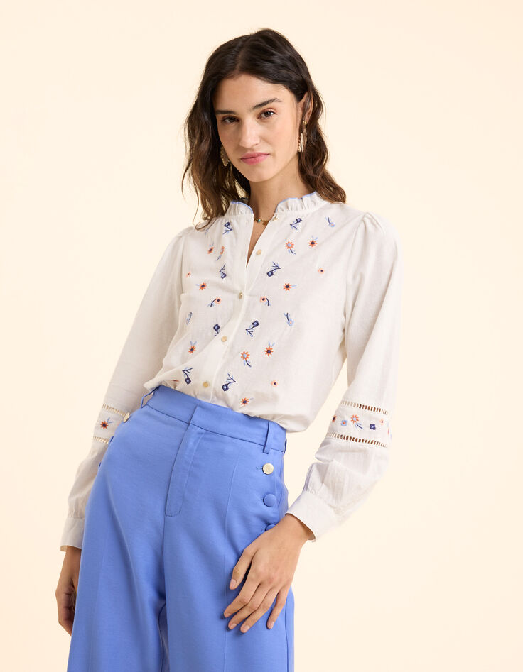 Off-white Bluse mit mehrfarbigen Blumen bestickt I.Code-9