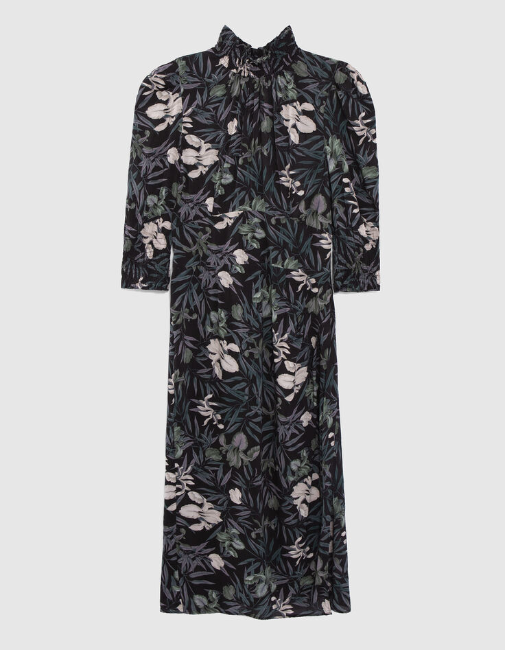 Schwarzes Midi-Damenkleid mit Orchideenprint-5