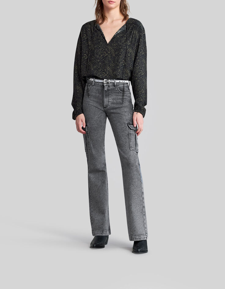 Ausgestellte schwarze Damen-Cargo-Jeans in Washed-Optik -1