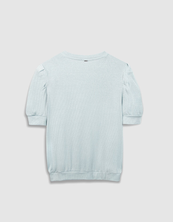 Blaues Pailletten-Rundhalsausschnitt-T-Shirt f&uuml;r Damen mit gerafften &Auml;rmeln-7