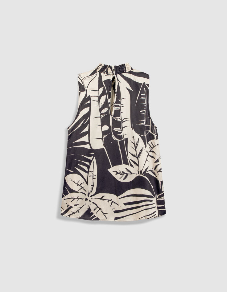 &Auml;rmelloses Satin-Top navy mit Blattprint f&uuml;r Damen-8
