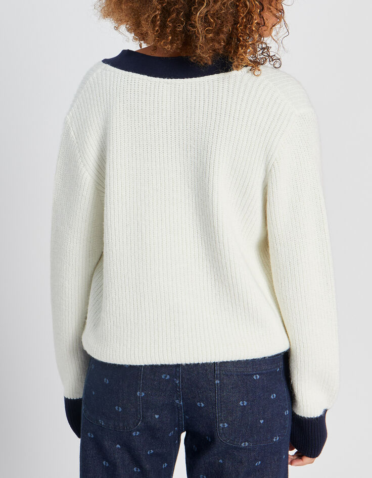 Cardigan blanc cassé bordé marine en tricot I.Code-3 Cardigan blanc cassé bordé marine en tricot I.Code-3